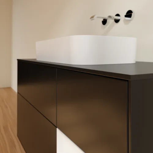 Bild von VILLEROY BOCH Finion Waschbeckenunterschrank, mit Beleuchtung, 3 Auszüge, 1200 x 603 x 501 mm, Black Matt Lacquer / Glossy White Lacquer / Glass Black Matt #F712GFPD
