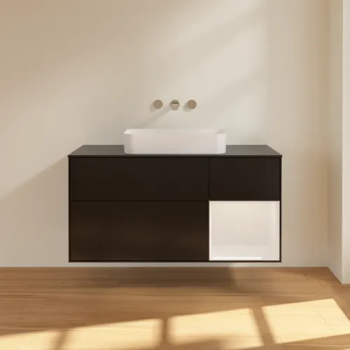 Bild von VILLEROY BOCH Finion Waschbeckenunterschrank, mit Beleuchtung, 3 Auszüge, 1200 x 603 x 501 mm, Black Matt Lacquer / Glossy White Lacquer / Glass Black Matt #F712GFPD