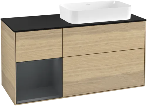 Bild von VILLEROY BOCH Finion Waschbeckenunterschrank, mit Beleuchtung, 3 Auszüge, 1200 x 603 x 501 mm, Oak Veneer / Midnight Blue Matt Lacquer / Glass Black Matt #F682HGPC