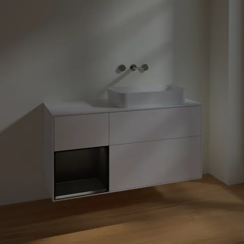 Bild von VILLEROY BOCH Finion Waschbeckenunterschrank, mit Beleuchtung, 3 Auszüge, 1200 x 603 x 501 mm, White Matt Lacquer / Black Matt Lacquer / Glass White Matt #F681PDMT