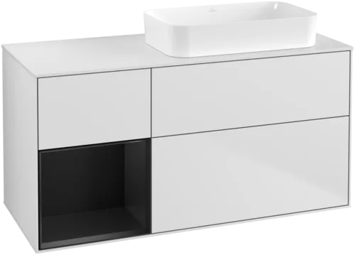 Bild von VILLEROY BOCH Finion Waschbeckenunterschrank, mit Beleuchtung, 3 Auszüge, 1200 x 603 x 501 mm, White Matt Lacquer / Black Matt Lacquer / Glass White Matt #F681PDMT