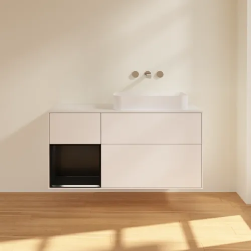 Bild von VILLEROY BOCH Finion Waschbeckenunterschrank, mit Beleuchtung, 3 Auszüge, 1200 x 603 x 501 mm, White Matt Lacquer / Black Matt Lacquer / Glass White Matt #F681PDMT