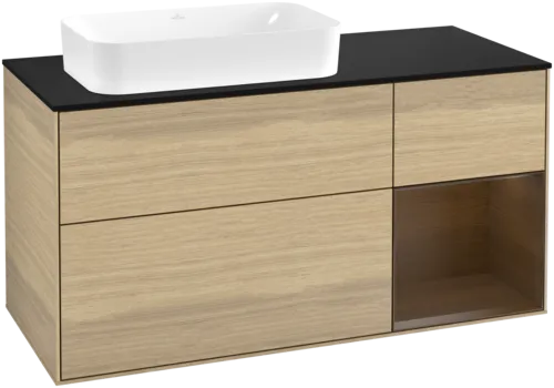 Bild von VILLEROY BOCH Finion Waschbeckenunterschrank, mit Beleuchtung, 3 Auszüge, 1200 x 603 x 501 mm, Oak Veneer / Walnut Veneer / Glass Black Matt #F692GNPC