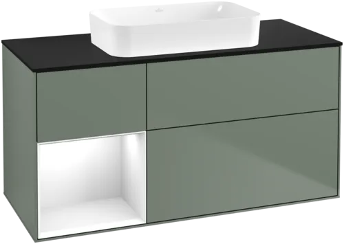 Bild von VILLEROY BOCH Finion Waschbeckenunterschrank, mit Beleuchtung, 3 Auszüge, 1200 x 603 x 501 mm, Olive Matt Lacquer / Glossy White Lacquer / Glass Black Matt #F702GFGM