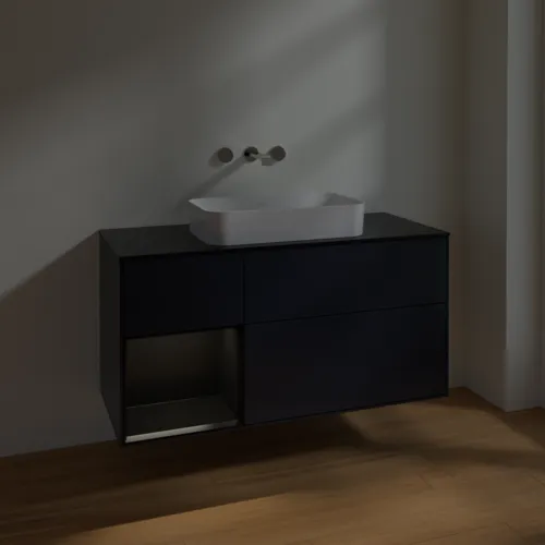 Bild von VILLEROY BOCH Finion Waschbeckenunterschrank, mit Beleuchtung, 3 Auszüge, 1200 x 603 x 501 mm, Midnight Blue Matt Lacquer / Black Matt Lacquer / Glass Black Matt #F702PDHG