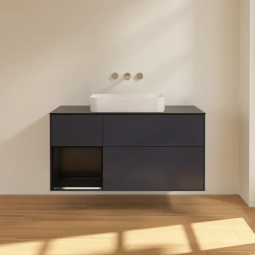 Bild von VILLEROY BOCH Finion Waschbeckenunterschrank, mit Beleuchtung, 3 Auszüge, 1200 x 603 x 501 mm, Midnight Blue Matt Lacquer / Black Matt Lacquer / Glass Black Matt #F702PDHG