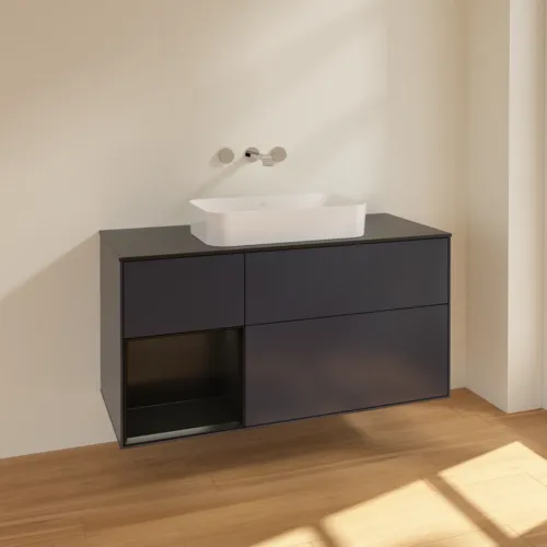 Bild von VILLEROY BOCH Finion Waschbeckenunterschrank, mit Beleuchtung, 3 Auszüge, 1200 x 603 x 501 mm, Midnight Blue Matt Lacquer / Black Matt Lacquer / Glass Black Matt #F702PDHG