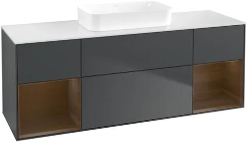 Bild von VILLEROY BOCH Finion Waschbeckenunterschrank, mit Beleuchtung, 4 Auszüge, 1600 x 603 x 501 mm, Midnight Blue Matt Lacquer / Walnut Veneer / Glass White Matt #F741GNHG