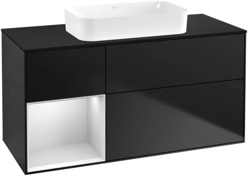 Bild von VILLEROY BOCH Finion Waschbeckenunterschrank, mit Beleuchtung, 3 Auszüge, 1200 x 603 x 501 mm, Black Matt Lacquer / White Matt Lacquer / Glass Black Matt #F702MTPD
