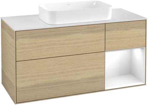 Bild von VILLEROY BOCH Finion Waschbeckenunterschrank, mit Beleuchtung, 3 Auszüge, 1200 x 603 x 501 mm, Oak Veneer / Glossy White Lacquer / Glass White Matt #F711GFPC
