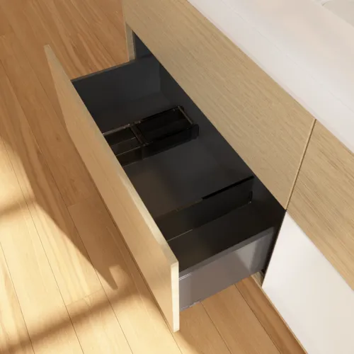Bild von VILLEROY BOCH Finion Waschbeckenunterschrank, mit Beleuchtung, 3 Auszüge, 1200 x 603 x 501 mm, Oak Veneer / Glossy White Lacquer / Glass White Matt #F711GFPC