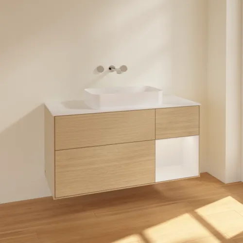 Bild von VILLEROY BOCH Finion Waschbeckenunterschrank, mit Beleuchtung, 3 Auszüge, 1200 x 603 x 501 mm, Oak Veneer / Glossy White Lacquer / Glass White Matt #F711GFPC