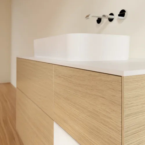Bild von VILLEROY BOCH Finion Waschbeckenunterschrank, mit Beleuchtung, 3 Auszüge, 1200 x 603 x 501 mm, Oak Veneer / Glossy White Lacquer / Glass White Matt #F711GFPC