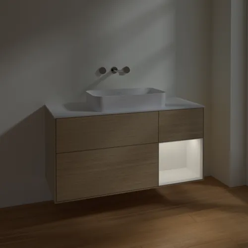 Bild von VILLEROY BOCH Finion Waschbeckenunterschrank, mit Beleuchtung, 3 Auszüge, 1200 x 603 x 501 mm, Oak Veneer / Glossy White Lacquer / Glass White Matt #F711GFPC