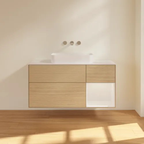 Bild von VILLEROY BOCH Finion Waschbeckenunterschrank, mit Beleuchtung, 3 Auszüge, 1200 x 603 x 501 mm, Oak Veneer / Glossy White Lacquer / Glass White Matt #F711GFPC