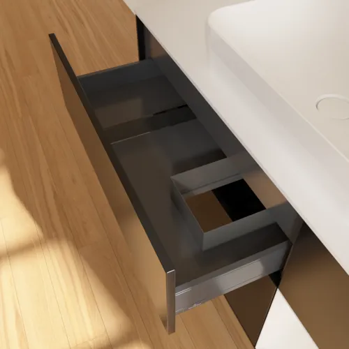 Bild von VILLEROY BOCH Finion Waschbeckenunterschrank, mit Beleuchtung, 3 Auszüge, 1200 x 603 x 501 mm, Black Matt Lacquer / Glossy White Lacquer / Glass White Matt #F711GFPD
