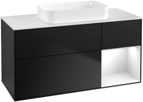 Bild von VILLEROY BOCH Finion Waschbeckenunterschrank, mit Beleuchtung, 3 Auszüge, 1200 x 603 x 501 mm, Black Matt Lacquer / Glossy White Lacquer / Glass White Matt #F711GFPD