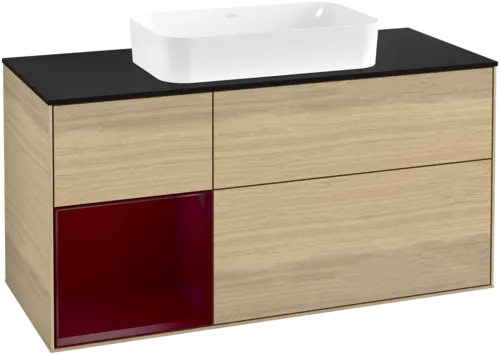 Bild von VILLEROY BOCH Finion Waschbeckenunterschrank, mit Beleuchtung, 3 Auszüge, 1200 x 603 x 501 mm, Oak Veneer / Peony Matt Lacquer / Glass Black Matt #F702HBPC