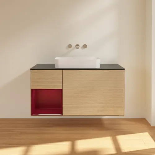 Bild von VILLEROY BOCH Finion Waschbeckenunterschrank, mit Beleuchtung, 3 Auszüge, 1200 x 603 x 501 mm, Oak Veneer / Peony Matt Lacquer / Glass Black Matt #F702HBPC