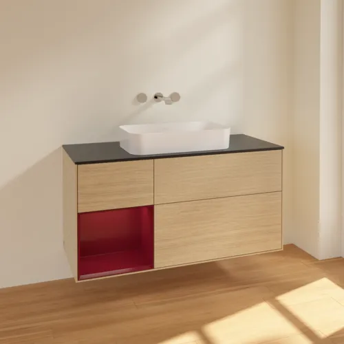 Bild von VILLEROY BOCH Finion Waschbeckenunterschrank, mit Beleuchtung, 3 Auszüge, 1200 x 603 x 501 mm, Oak Veneer / Peony Matt Lacquer / Glass Black Matt #F702HBPC