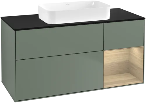 Bild von VILLEROY BOCH Finion Waschbeckenunterschrank, mit Beleuchtung, 3 Auszüge, 1200 x 603 x 501 mm, Olive Matt Lacquer / Oak Veneer / Glass Black Matt #F712PCGM