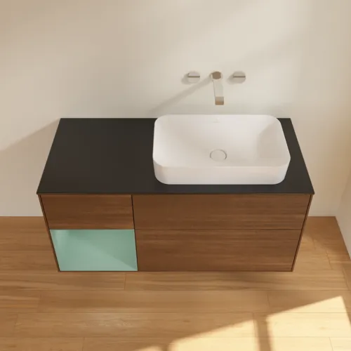 Bild von VILLEROY BOCH Finion Waschbeckenunterschrank, mit Beleuchtung, 3 Auszüge, 1200 x 603 x 501 mm, Walnut Veneer / Olive Matt Lacquer / Glass Black Matt #F682GMGN