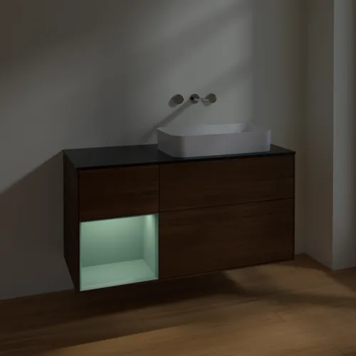 Bild von VILLEROY BOCH Finion Waschbeckenunterschrank, mit Beleuchtung, 3 Auszüge, 1200 x 603 x 501 mm, Walnut Veneer / Olive Matt Lacquer / Glass Black Matt #F682GMGN
