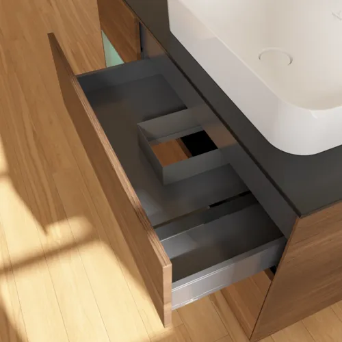 Bild von VILLEROY BOCH Finion Waschbeckenunterschrank, mit Beleuchtung, 3 Auszüge, 1200 x 603 x 501 mm, Walnut Veneer / Olive Matt Lacquer / Glass Black Matt #F682GMGN
