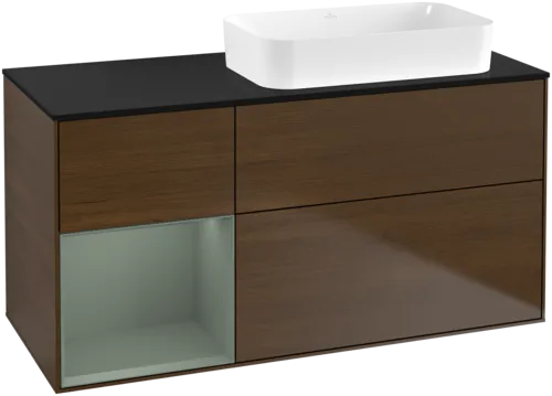Obrázek VILLEROY BOCH Toaletní skříňka Finion, s osvětlením, 3 výsuvy, 1200 x 603 x 501 mm, ořechová dýha / olivově matný lak / sklo černé matné #F682GMGN