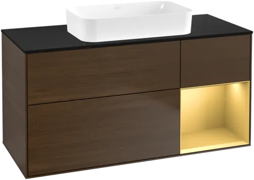 Bild von VILLEROY BOCH Finion Waschbeckenunterschrank, mit Beleuchtung, 3 Auszüge, 1200 x 603 x 501 mm, Walnut Veneer / Gold Matt Lacquer / Glass Black Matt #F712HFGN