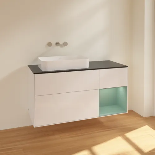 Bild von VILLEROY BOCH Finion Waschbeckenunterschrank, mit Beleuchtung, 3 Auszüge, 1200 x 603 x 501 mm, Glossy White Lacquer / Olive Matt Lacquer / Glass Black Matt #F692GMGF