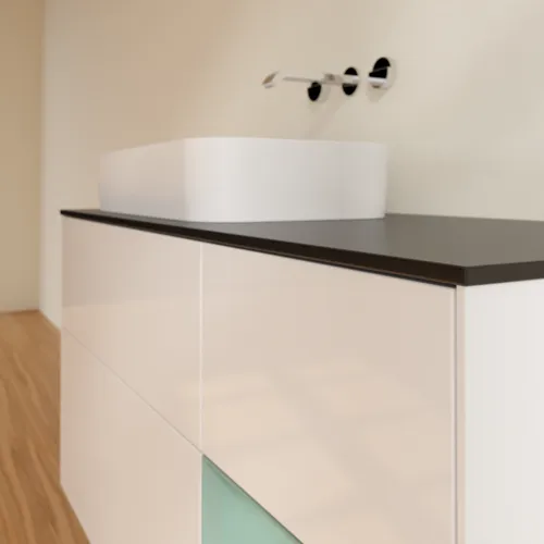 Bild von VILLEROY BOCH Finion Waschbeckenunterschrank, mit Beleuchtung, 3 Auszüge, 1200 x 603 x 501 mm, Glossy White Lacquer / Olive Matt Lacquer / Glass Black Matt #F692GMGF