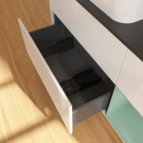 Bild von VILLEROY BOCH Finion Waschbeckenunterschrank, mit Beleuchtung, 3 Auszüge, 1200 x 603 x 501 mm, Glossy White Lacquer / Olive Matt Lacquer / Glass Black Matt #F692GMGF
