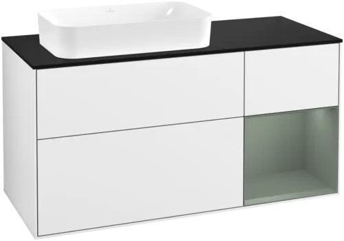 Bild von VILLEROY BOCH Finion Waschbeckenunterschrank, mit Beleuchtung, 3 Auszüge, 1200 x 603 x 501 mm, Glossy White Lacquer / Olive Matt Lacquer / Glass Black Matt #F692GMGF