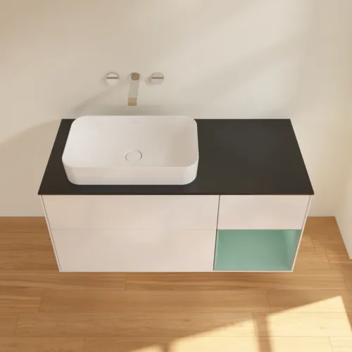 Bild von VILLEROY BOCH Finion Waschbeckenunterschrank, mit Beleuchtung, 3 Auszüge, 1200 x 603 x 501 mm, Glossy White Lacquer / Olive Matt Lacquer / Glass Black Matt #F692GMGF