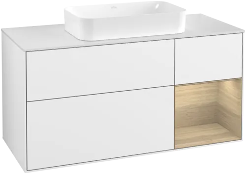 Bild von VILLEROY BOCH Finion Waschbeckenunterschrank, mit Beleuchtung, 3 Auszüge, 1200 x 603 x 501 mm, Glossy White Lacquer / Oak Veneer / Glass White Matt #F711PCGF