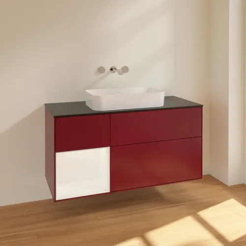 Bild von VILLEROY BOCH Finion Waschbeckenunterschrank, mit Beleuchtung, 3 Auszüge, 1200 x 603 x 501 mm, Peony Matt Lacquer / White Matt Lacquer / Glass Black Matt #F702MTHB