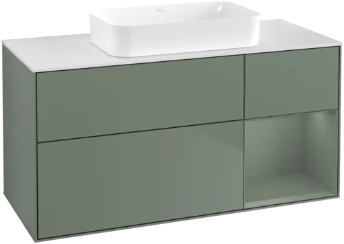 Bild von VILLEROY BOCH Finion Waschbeckenunterschrank, mit Beleuchtung, 3 Auszüge, 1200 x 603 x 501 mm, Olive Matt Lacquer / Olive Matt Lacquer / Glass White Matt #F711GMGM