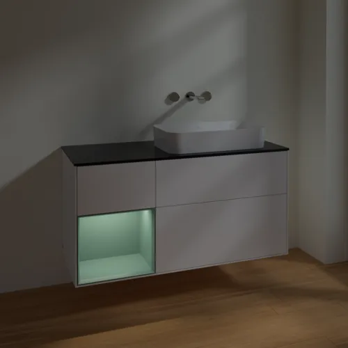 Picture of VILLEROY BOCH Finion Vanity unit, with lighting, 3 pull-out compartments, 1200 x 603 x 501 mm, White Matt Lacquer / Olive Matt Lacquer / Glass Black Matt #F682GMMT