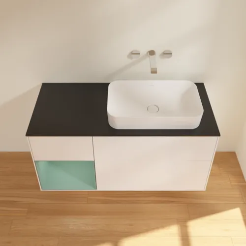 Picture of VILLEROY BOCH Finion Vanity unit, with lighting, 3 pull-out compartments, 1200 x 603 x 501 mm, White Matt Lacquer / Olive Matt Lacquer / Glass Black Matt #F682GMMT