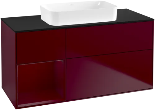Obrázek VILLEROY BOCH Toaletní skříňka Finion, s osvětlením, 3 výsuvy, 1200 x 603 x 501 mm, Peony Matt Lacquer / Peony Matt Lacquer / Glass Black Matt #F702HBHB