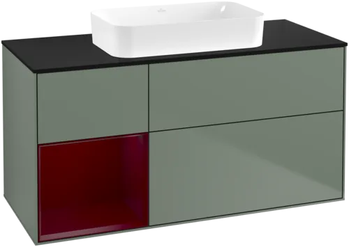 Bild von VILLEROY BOCH Finion Waschbeckenunterschrank, mit Beleuchtung, 3 Auszüge, 1200 x 603 x 501 mm, Olive Matt Lacquer / Peony Matt Lacquer / Glass Black Matt #F702HBGM