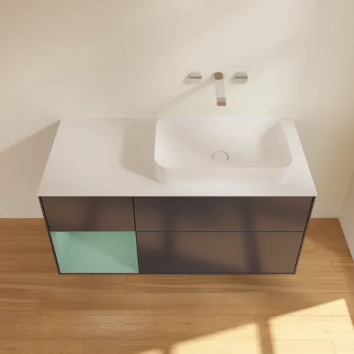 Obrázek VILLEROY BOCH Toaletní skříňka Finion, s osvětlením, 3 výsuvy, 1200 x 603 x 501 mm, Midnight Blue Matt Lacquer / Olive Matt Lacquer / Glass White Matt #F681GMHG