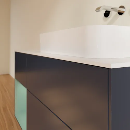 Obrázek VILLEROY BOCH Toaletní skříňka Finion, s osvětlením, 3 výsuvy, 1200 x 603 x 501 mm, Midnight Blue Matt Lacquer / Olive Matt Lacquer / Glass White Matt #F681GMHG