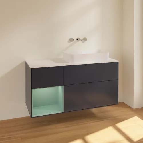 Obrázek VILLEROY BOCH Toaletní skříňka Finion, s osvětlením, 3 výsuvy, 1200 x 603 x 501 mm, Midnight Blue Matt Lacquer / Olive Matt Lacquer / Glass White Matt #F681GMHG