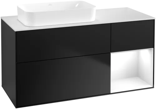 Bild von VILLEROY BOCH Finion Waschbeckenunterschrank, mit Beleuchtung, 3 Auszüge, 1200 x 603 x 501 mm, Black Matt Lacquer / Glossy White Lacquer / Glass White Matt #F691GFPD