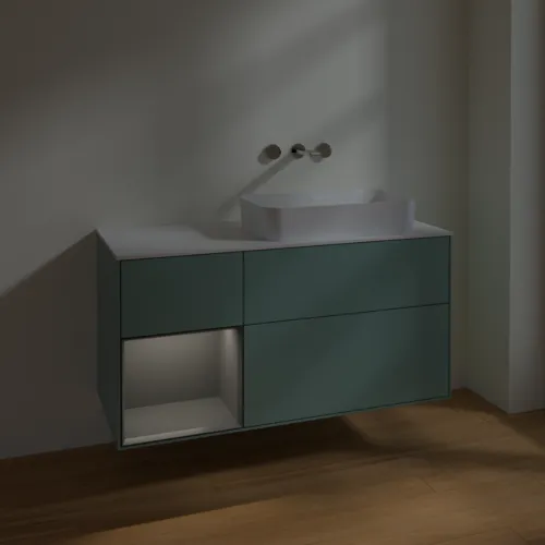 Bild von VILLEROY BOCH Finion Waschbeckenunterschrank, mit Beleuchtung, 3 Auszüge, 1200 x 603 x 501 mm, Olive Matt Lacquer / Anthracite Matt Lacquer / Glass White Matt #F681GKGM