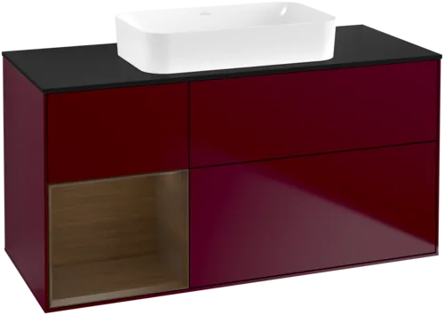Bild von VILLEROY BOCH Finion Waschbeckenunterschrank, mit Beleuchtung, 3 Auszüge, 1200 x 603 x 501 mm, Peony Matt Lacquer / Walnut Veneer / Glass Black Matt #F702GNHB