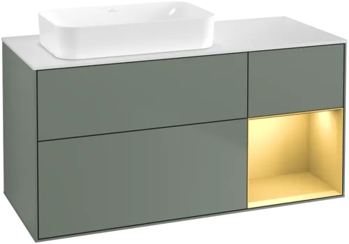 Bild von VILLEROY BOCH Finion Waschbeckenunterschrank, mit Beleuchtung, 3 Auszüge, 1200 x 603 x 501 mm, Olive Matt Lacquer / Gold Matt Lacquer / Glass White Matt #F691HFGM