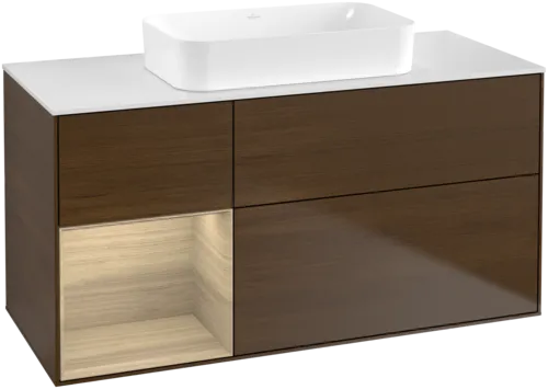Bild von VILLEROY BOCH Finion Waschbeckenunterschrank, mit Beleuchtung, 3 Auszüge, 1200 x 603 x 501 mm, Walnut Veneer / Oak Veneer / Glass White Matt #F701PCGN